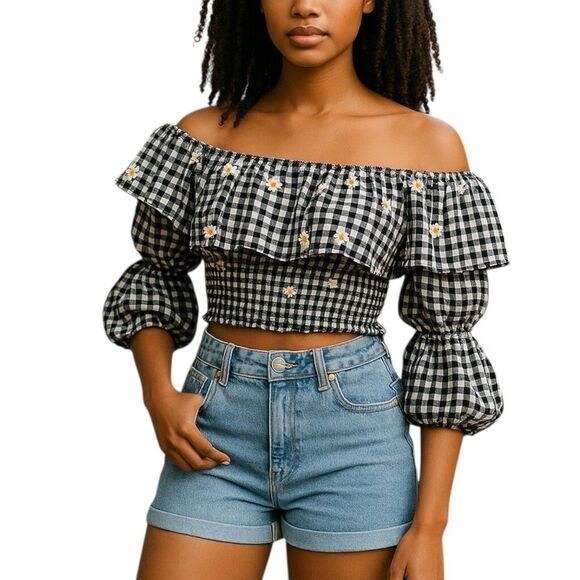 NWT Zara Size MEDIUM Gingham Daisy Print Puff Sleeve Crop Off the Shoulder Top - Picture 1 of 8